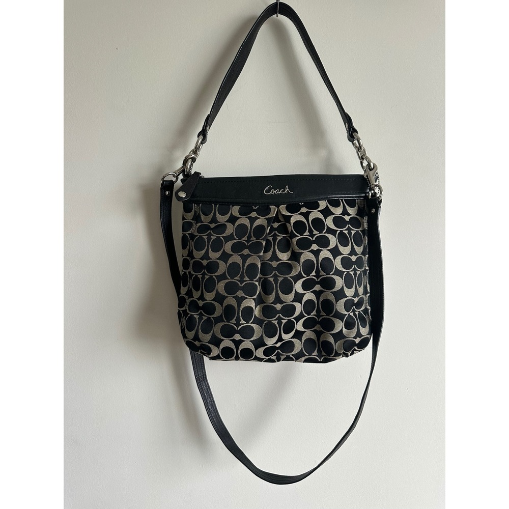 Coach Ashley Signature C Hippie Shoulder Bag Black Canvas Leather Crossbody